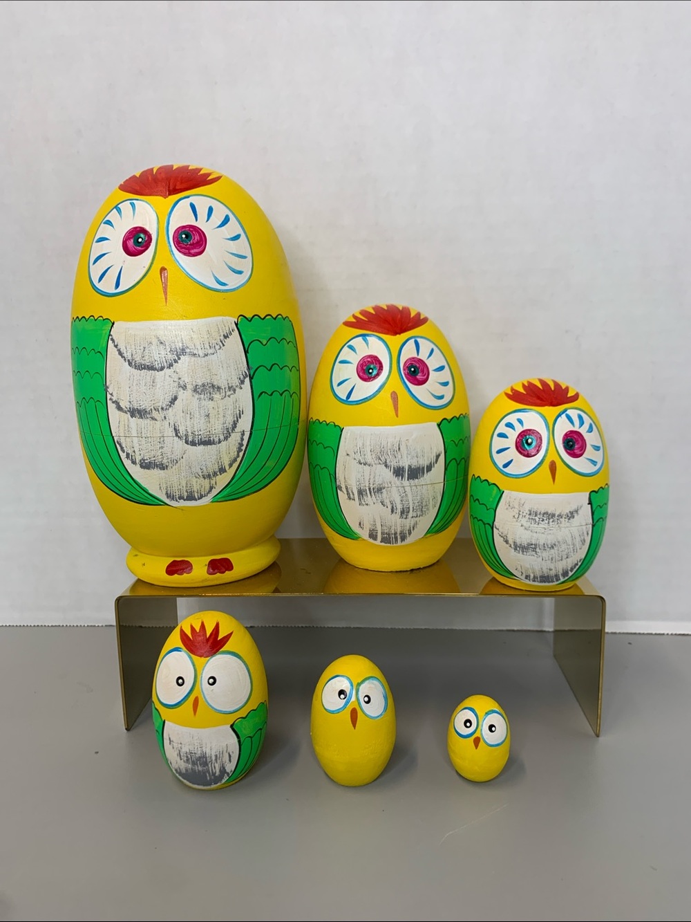 Starxing Russian Hand-Painted Yellow Owl Set of Six Nesting Dolls
